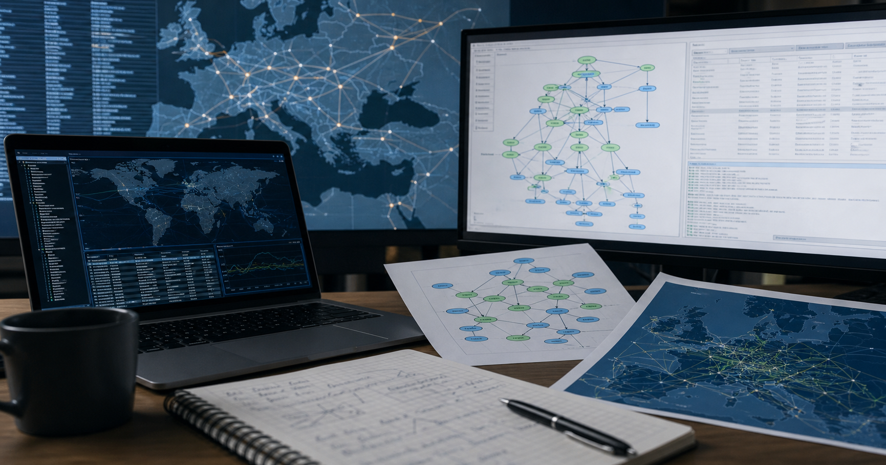Abstract network registry illustration: stylized database entries and internet map lines, no personal portrait.
