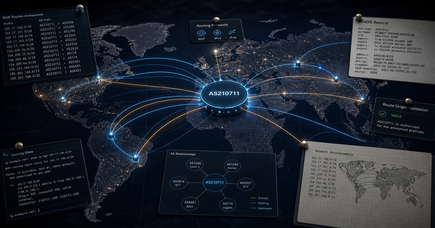 Abstract network topology visualization showing AS210711 as a highlighted node in a global internet routing map.