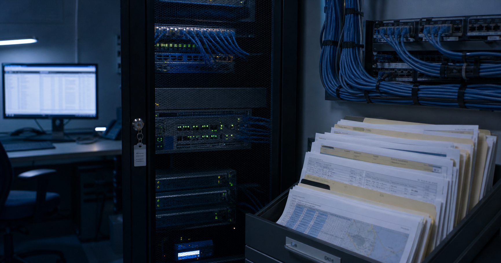 A dimly lit server room with a single glowing patch cable.