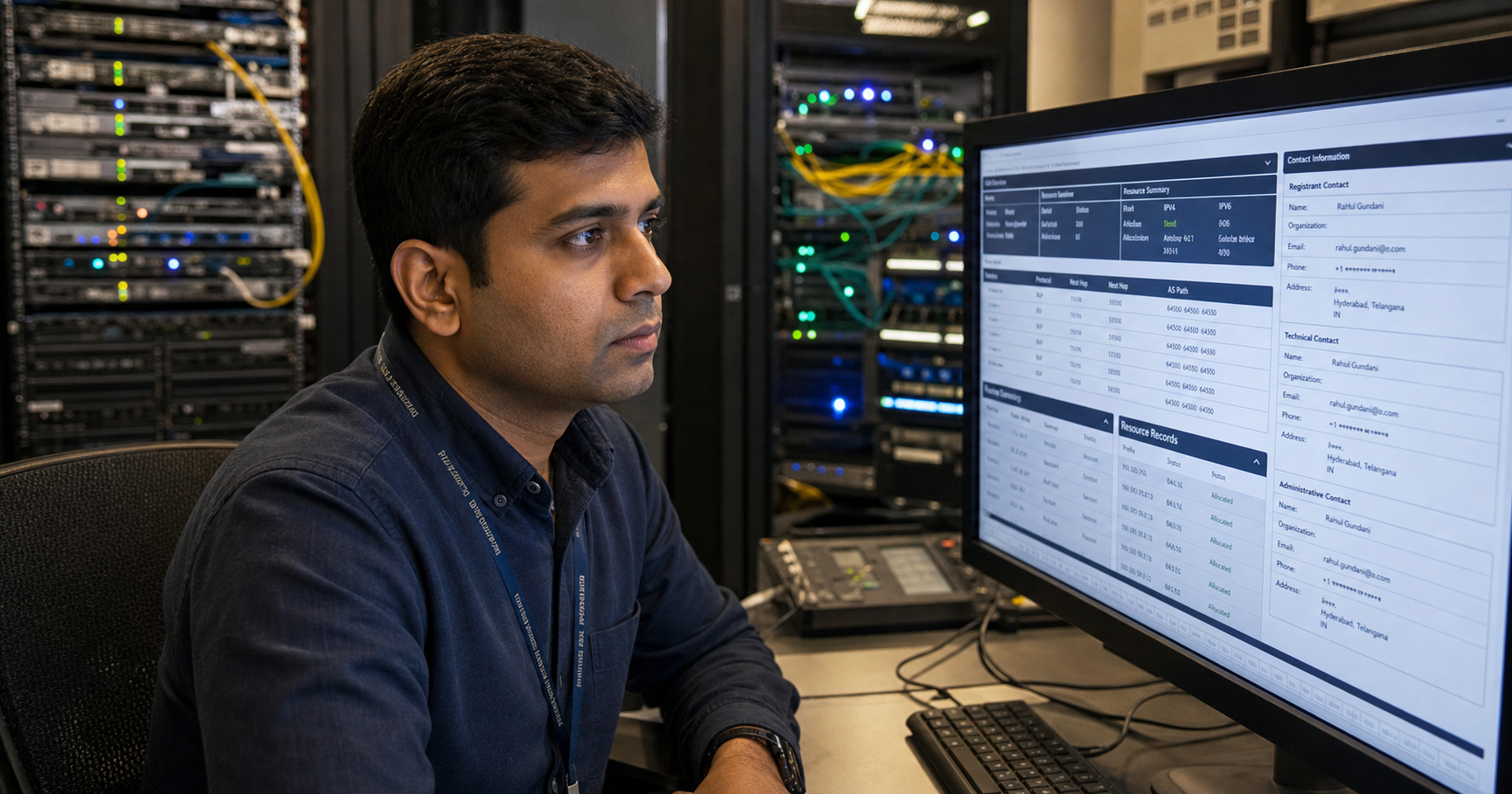 A person in a dimly lit server room studies registry information on a screen.