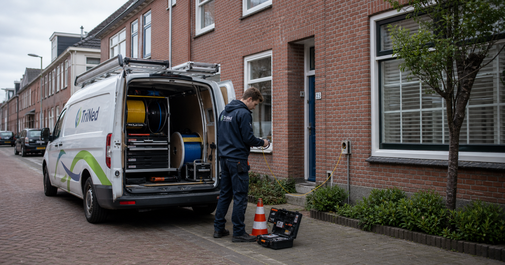 A TriNed-branded van parked on a narrow Dutch residential street with red-brick houses, a technician in a TriNed jacket opens a fiber distribution cabinet at the curb, sunlight breaking through trees.
