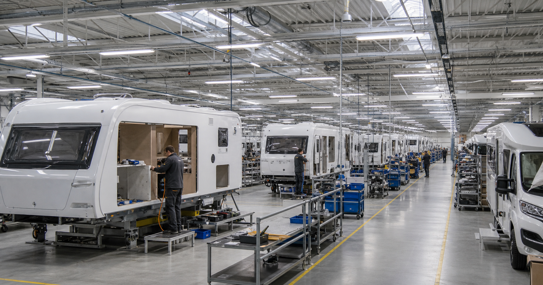 Workers assembling caravans in the Adria Mobil factory in Novo mesto, Slovenia, with finished motorhomes visible in the background.