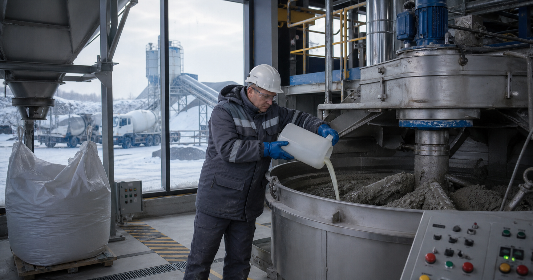 A worker in a modern concrete batching plant measures a Polyplast additive into a mixer, with a snowy Russian landscape visible through windows.