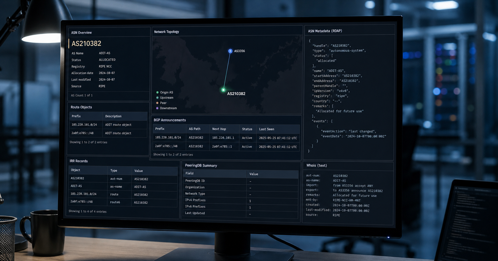AI-generated editorial image for FOP Kalyaka Andrey Viktorovich showing the public operating context described by verified sources: The subject appears as the holder of AS210382 in RDAP and routing databases, indicating an individual-entrepreneur-style resource-holder role.
