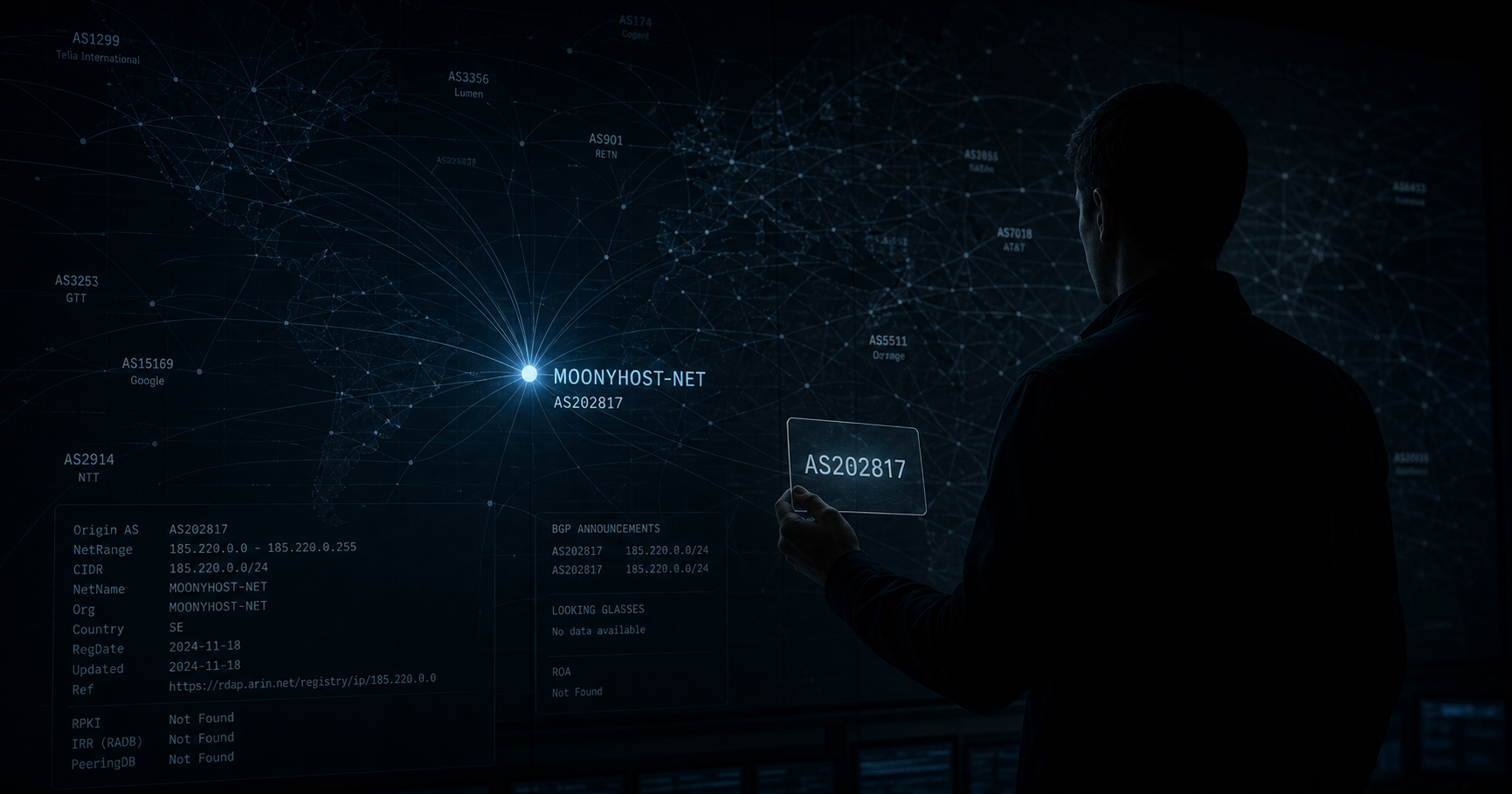 A dark network map with a single highlighted node labeled 'MOONYHOST-NET' and a faint figure holding an AS202817 token.