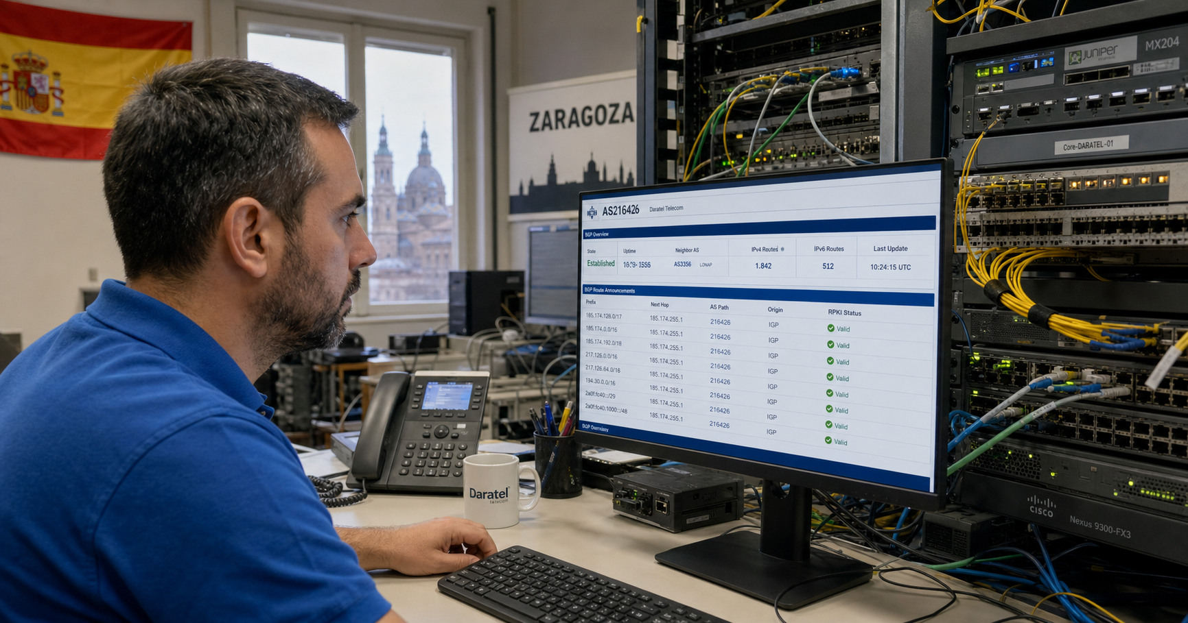 A telecom engineer monitors network routing panels in a server room with Daratel equipment, symbolizing operational responsibility for enterprise connectivity.