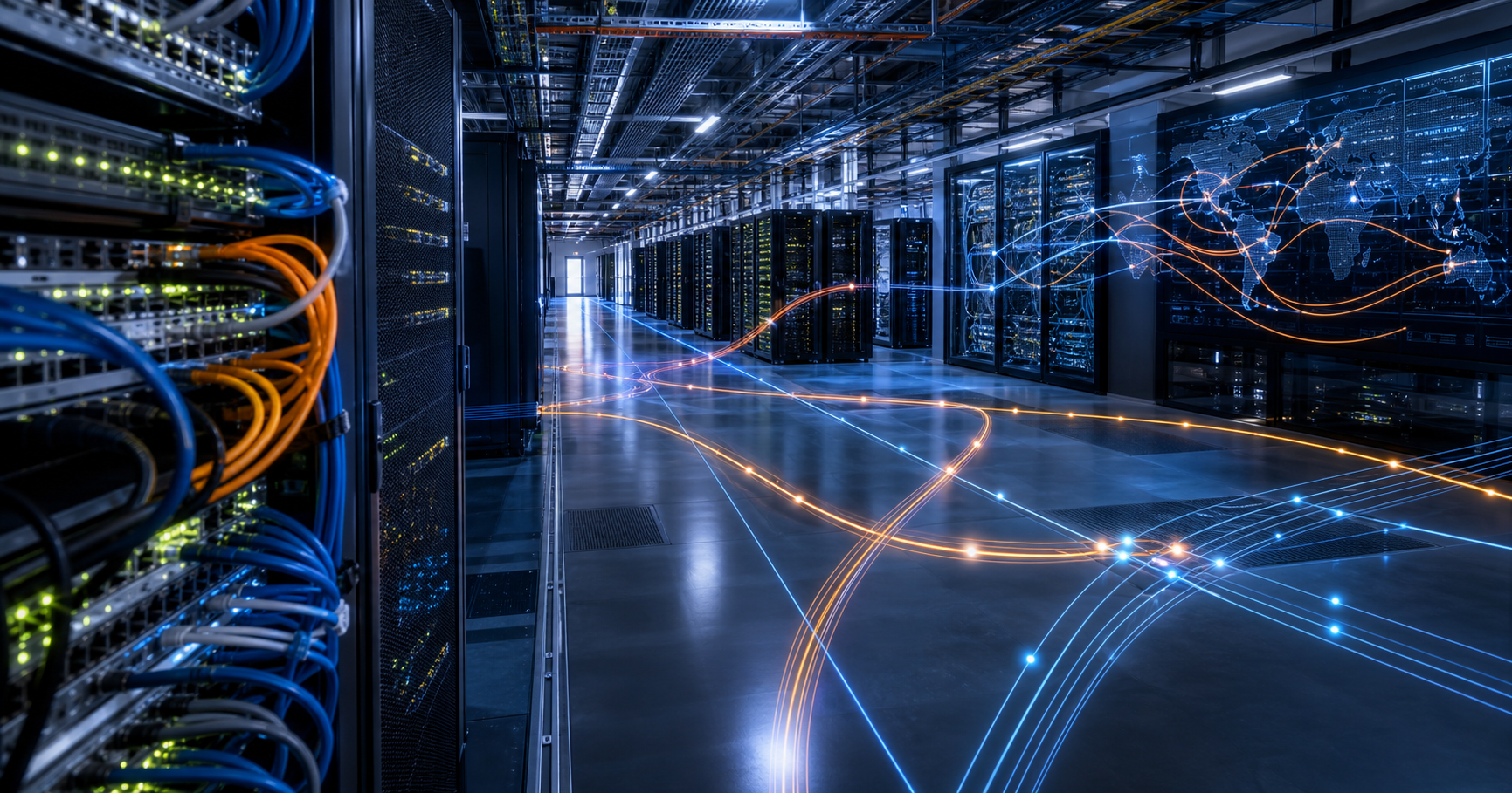Stylized visualization of network racks in a data center, with glowing routing paths, representing the ASN contact role in internet infrastructure.