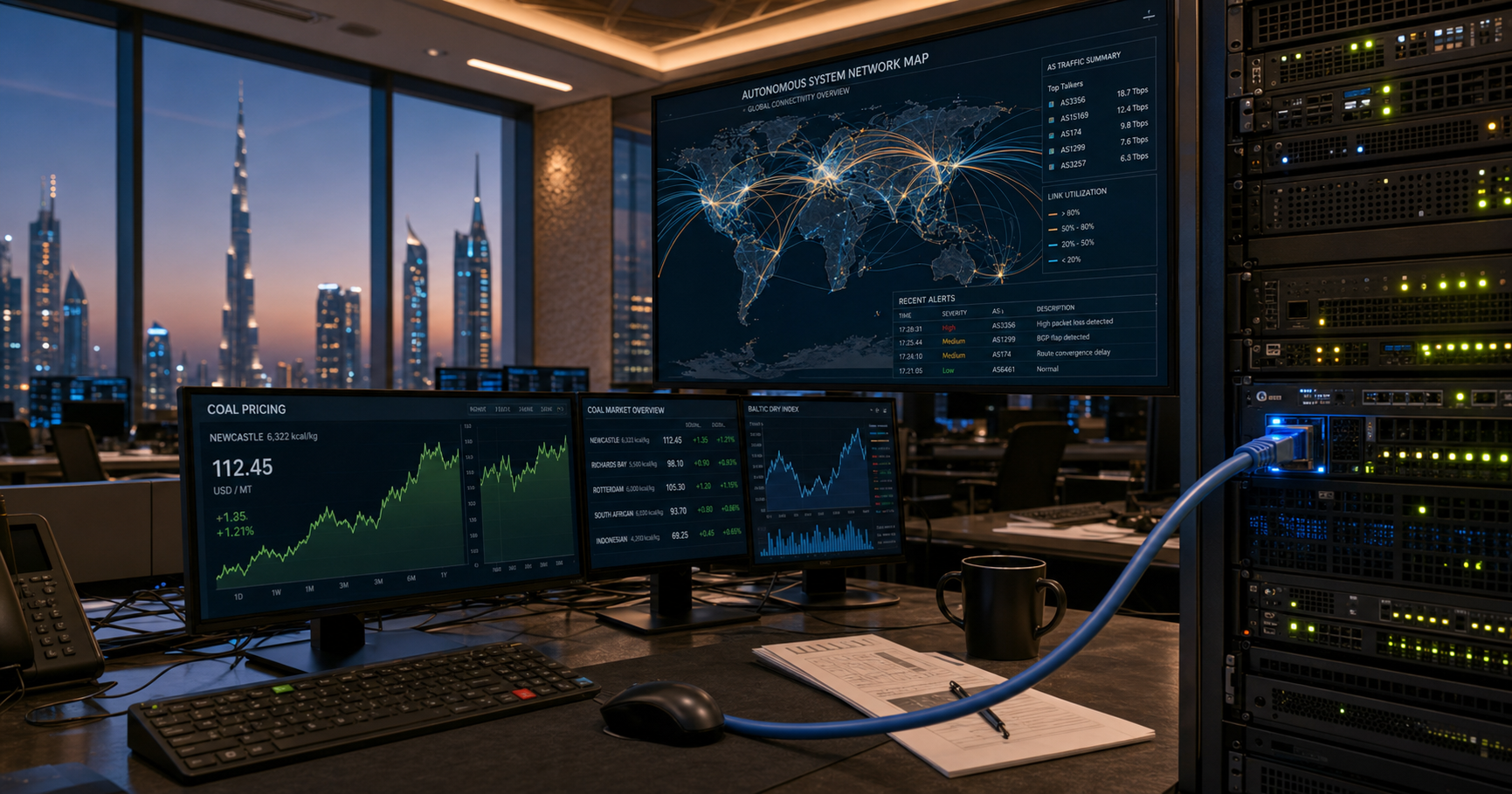 Trading desk in Dubai linked to a network server rack, representing MPB Trading DMCC's dual role in commodity trading and internet operations.