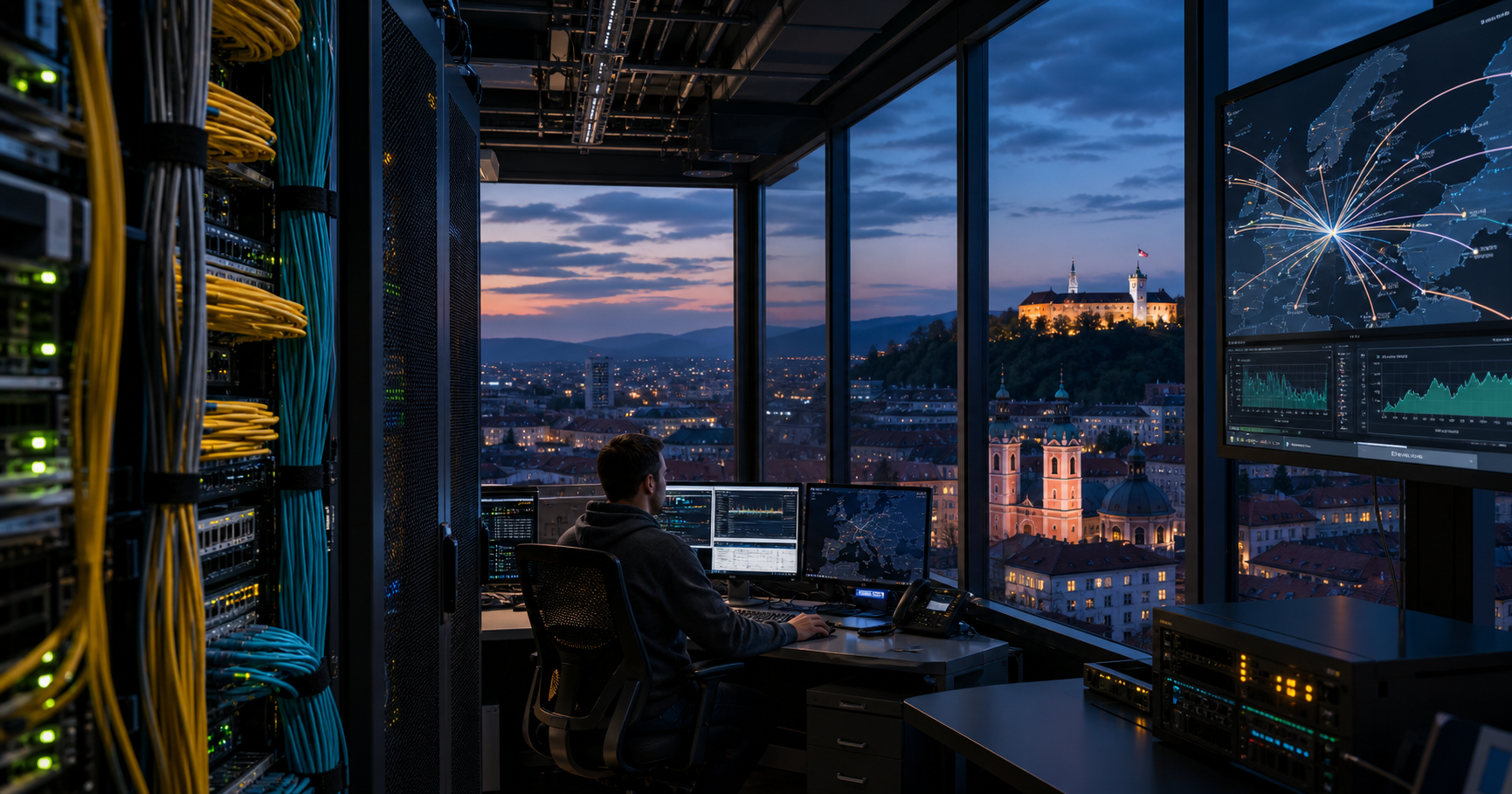 A digital painting of a data center window overlooking Ljubljana at dusk, with network equipment LEDs glowing and BGP peering lines radiating toward Moscow and Helsinki.