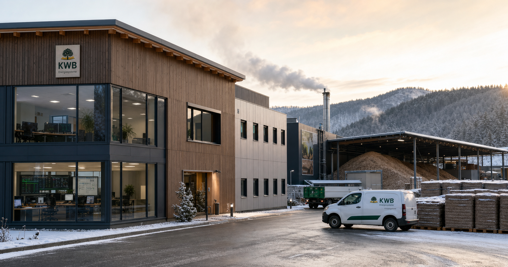 AI-generated editorial image for KWB KWB Energiesysteme GmbH showing the public operating context described by verified sources: The company designs, produces, and sells pellet, wood chip, and log wood heating systems from its St.