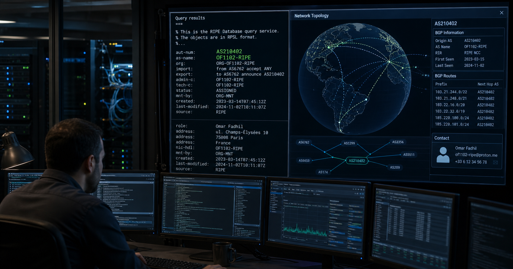 AI-generated editorial image for Omar fadhil showing the public operating context described by verified sources: Omar Fadhil appears in the RIPE registry as entity OF1102-RIPE, holding admin and tech contact roles for AS210402.