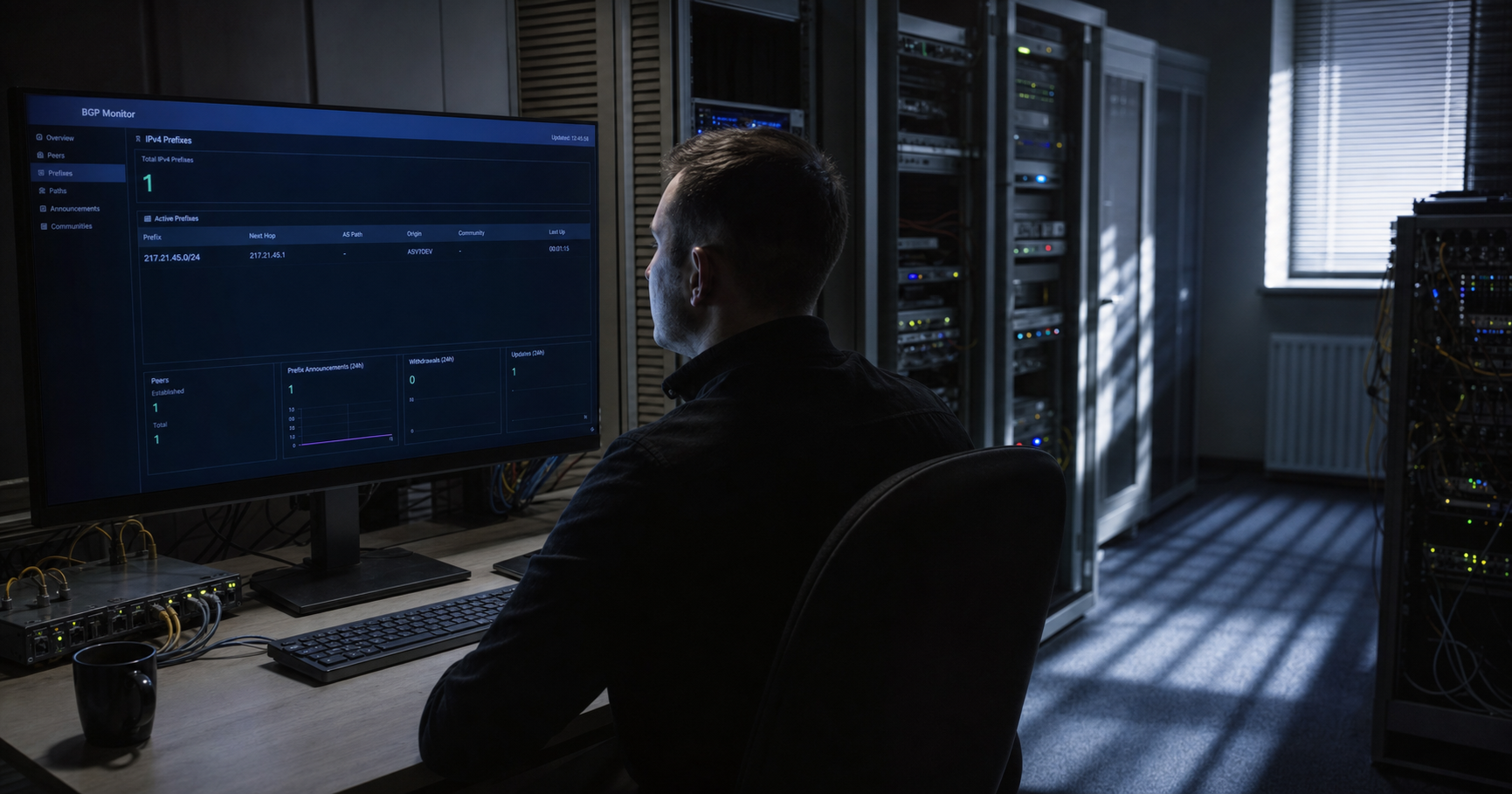A network operator in Minsk monitoring a BGP display showing a single prefix announcement for 217.21.45.0/24.