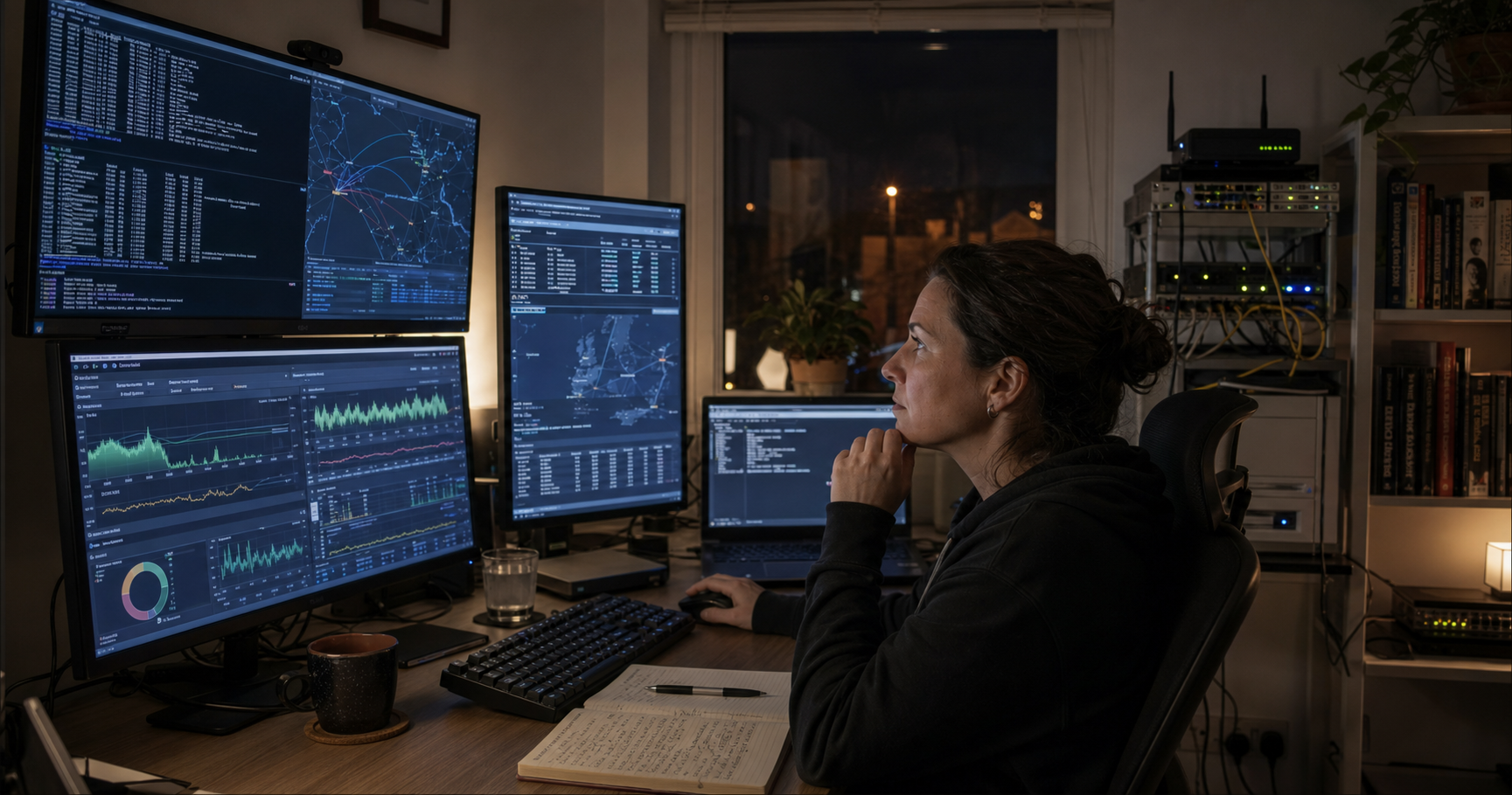 A late‑night home office scene with a monitor showing an AS205702 terminal prompt and BGP table, and a small network rack on the floor.