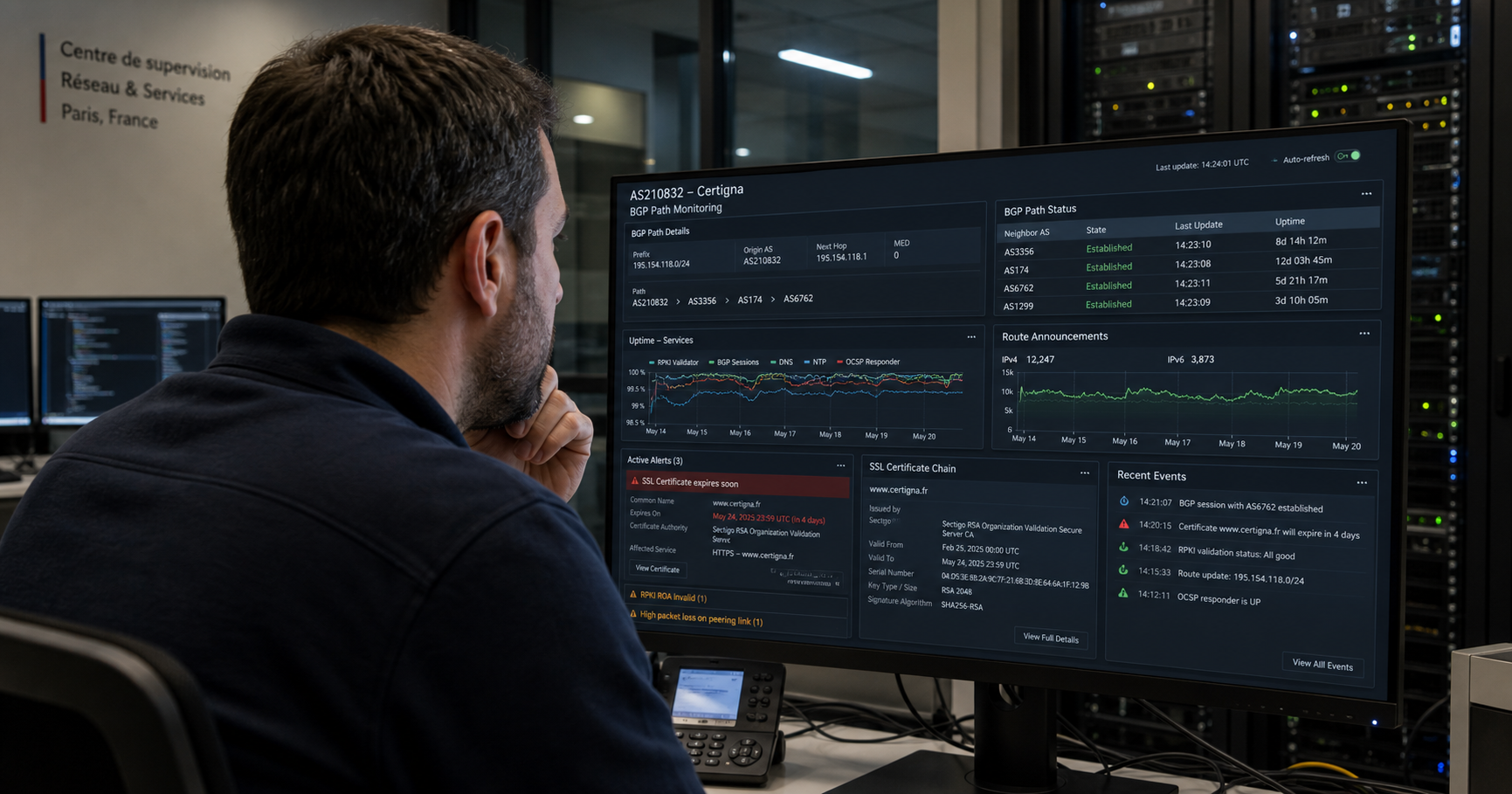 Julien Holland monitoring Certigna network and trust service alerts.