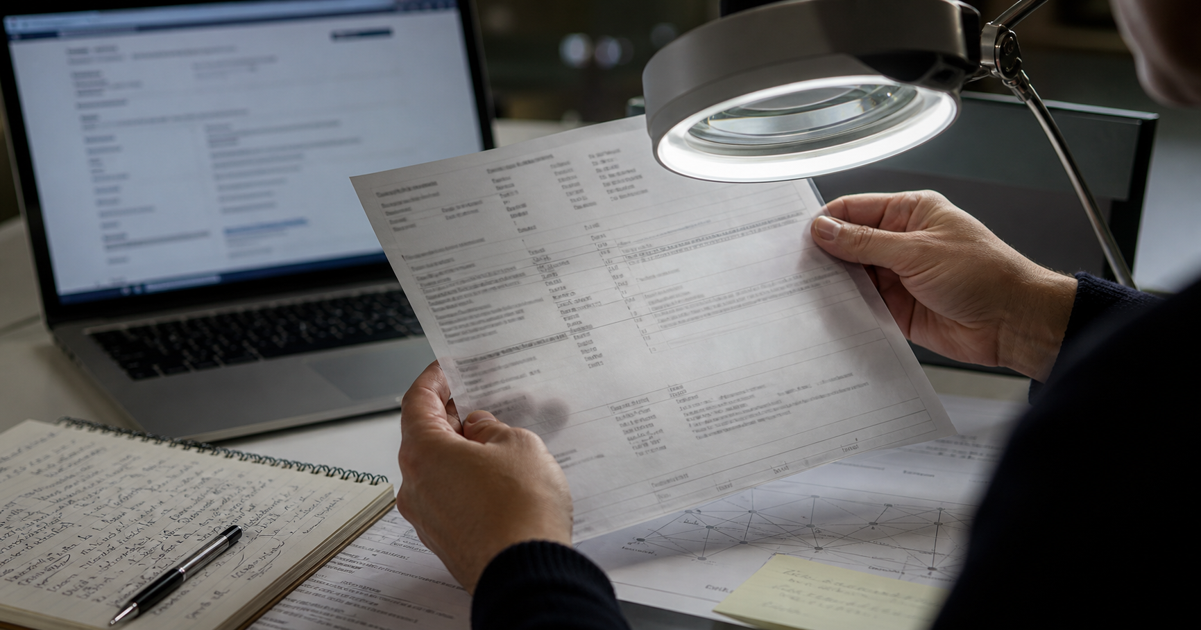 Hands unfolding a WHOIS printout showing the name Cedric Hoogendoorn and AS210320 under a magnifying lamp, with a network monitor displaying zero prefixes and a question mark.