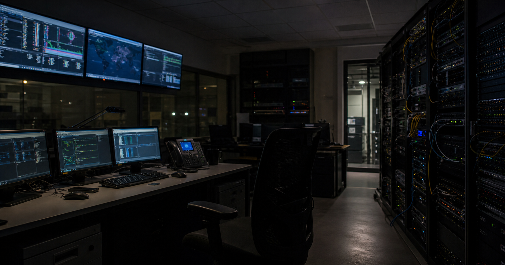 A darkened network operations control room with a vintage CRT monitor displaying a bgp.tools query for Nguyen Doan Hung and AS215664, empty operator chair, server racks in background.