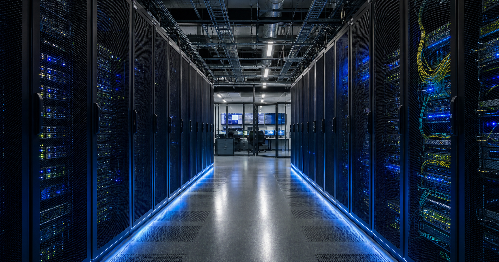 A wide-angle view inside a modern data center with long aisles of server racks illuminated by blue LED strips.
