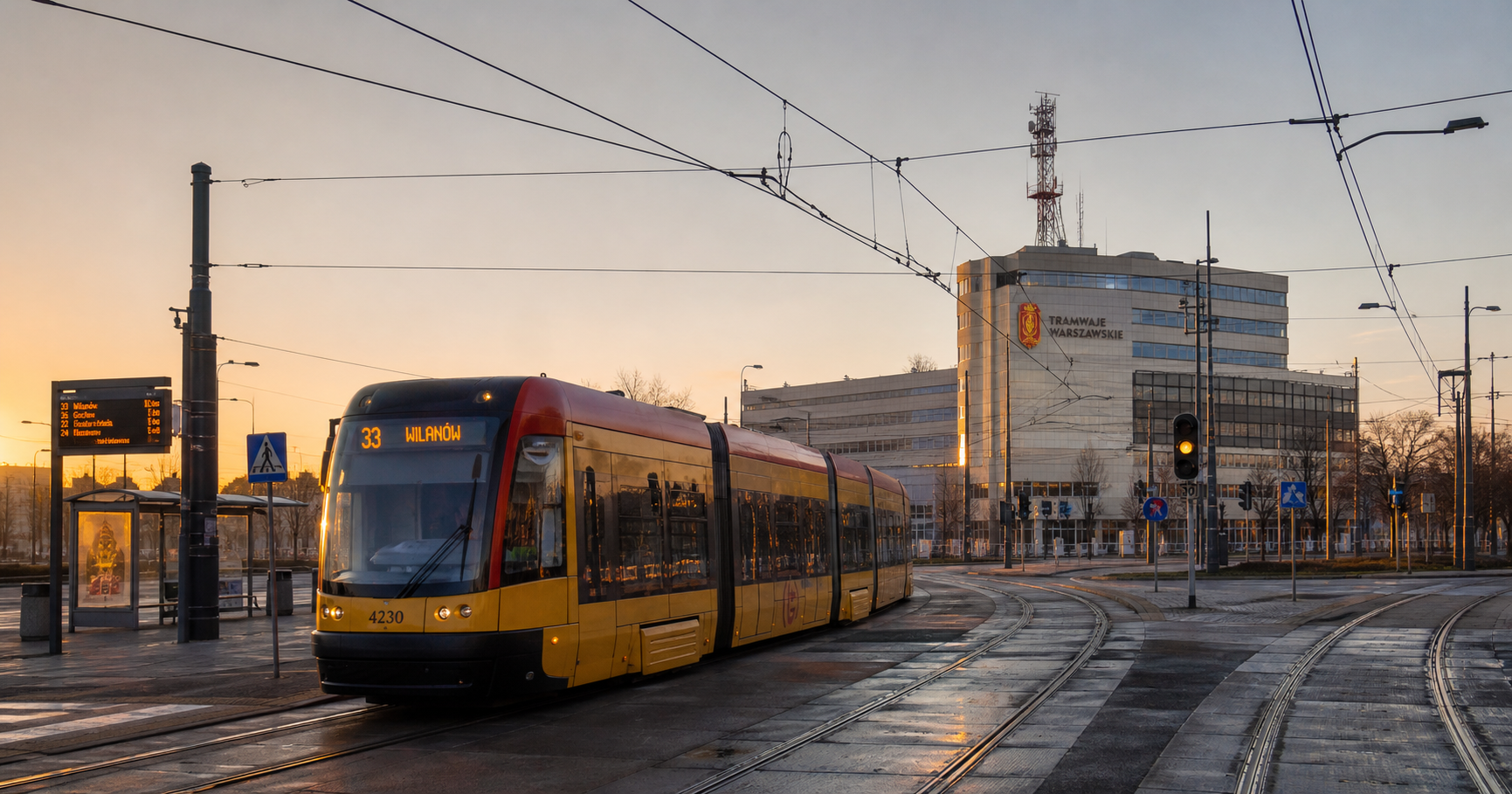 Tram in Warsaw at dawn, with digital display and company headquarters in background, highlighting the interplay between municipal transport and its internet number resource footprint.