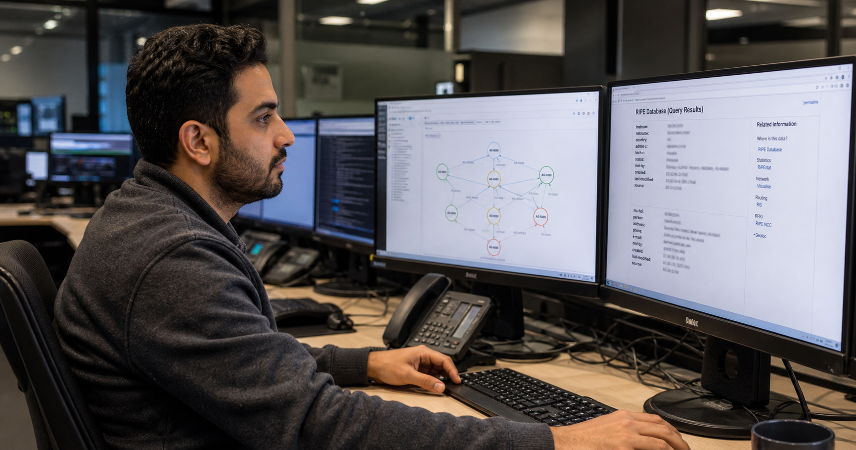 Portrait of Mahmoud Kobeissi at a network operations workstation, symbolizing his role as a registry contact for AS210292.