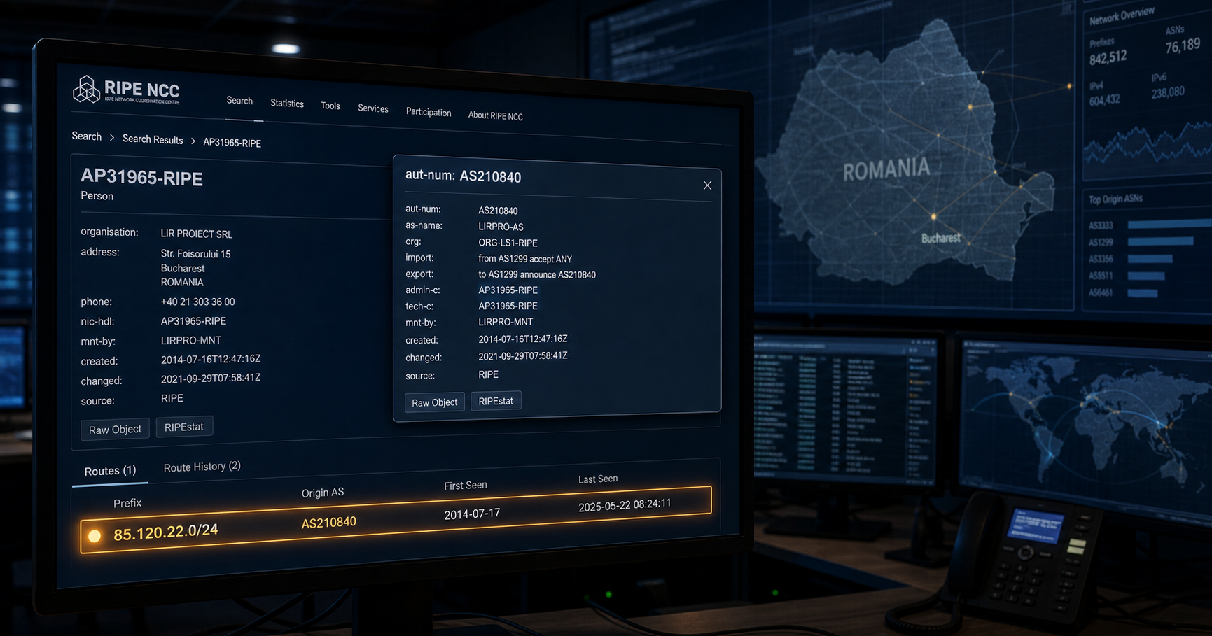 A dimly lit network operations center screen displaying a RIPE database entry for AP31965-RIPE, overlaid with the AS210840 aut-num record, and a single glowing node representing the 85.120.22.0/24 prefix on a faded map of Romania.