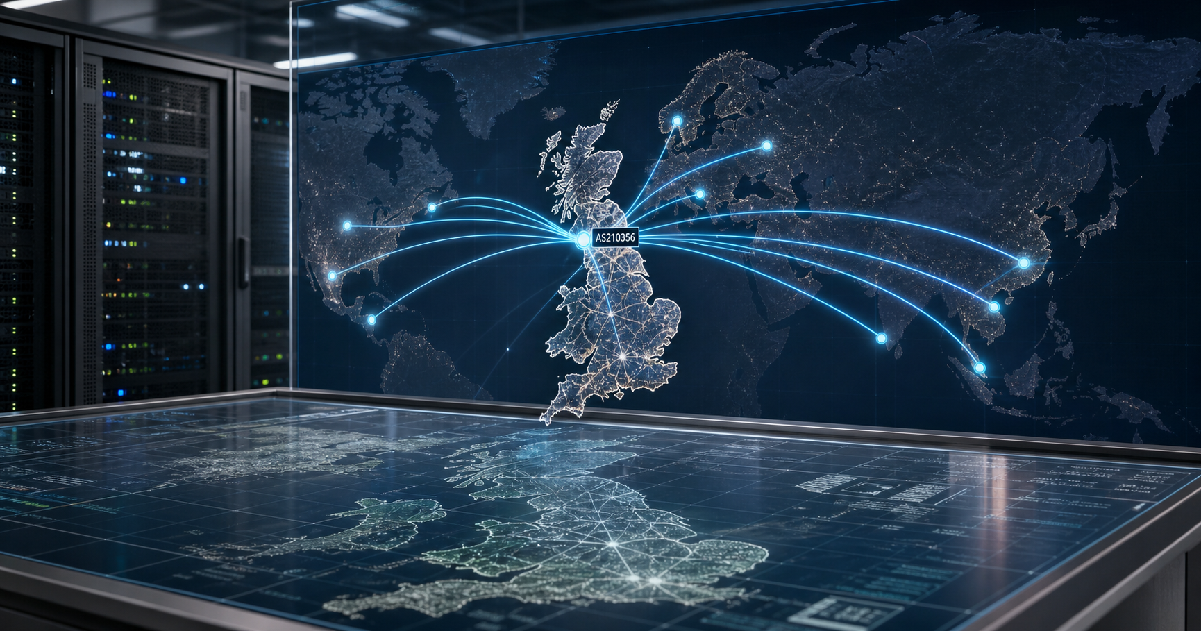 Map of the United Kingdom with BGP route lines connecting a highlighted point labeled AS210356 BattleHost to global internet nodes.