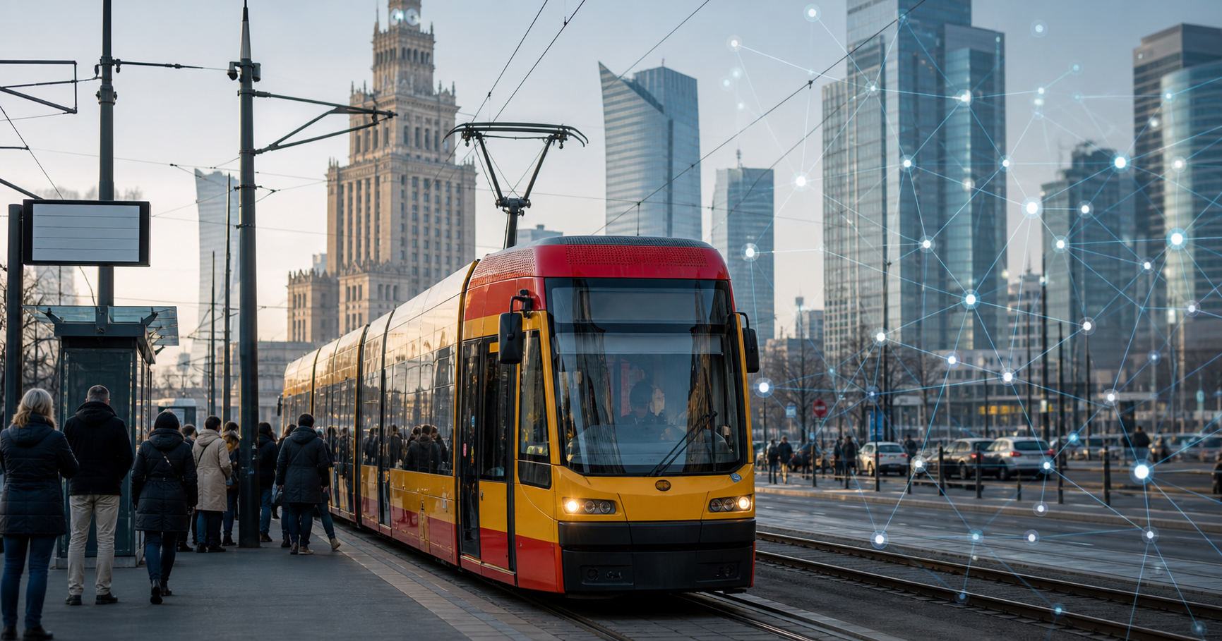 A Warsaw tram in morning traffic with a digital network overlay representing its autonomous system and IP prefix.