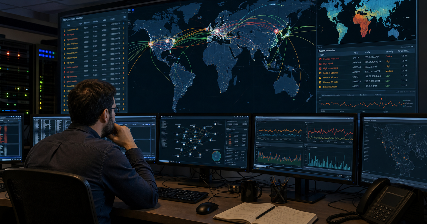 A researcher in a monitoring room, facing a screen with a BGP route map, a red alert on a route leak, poised to analyze.