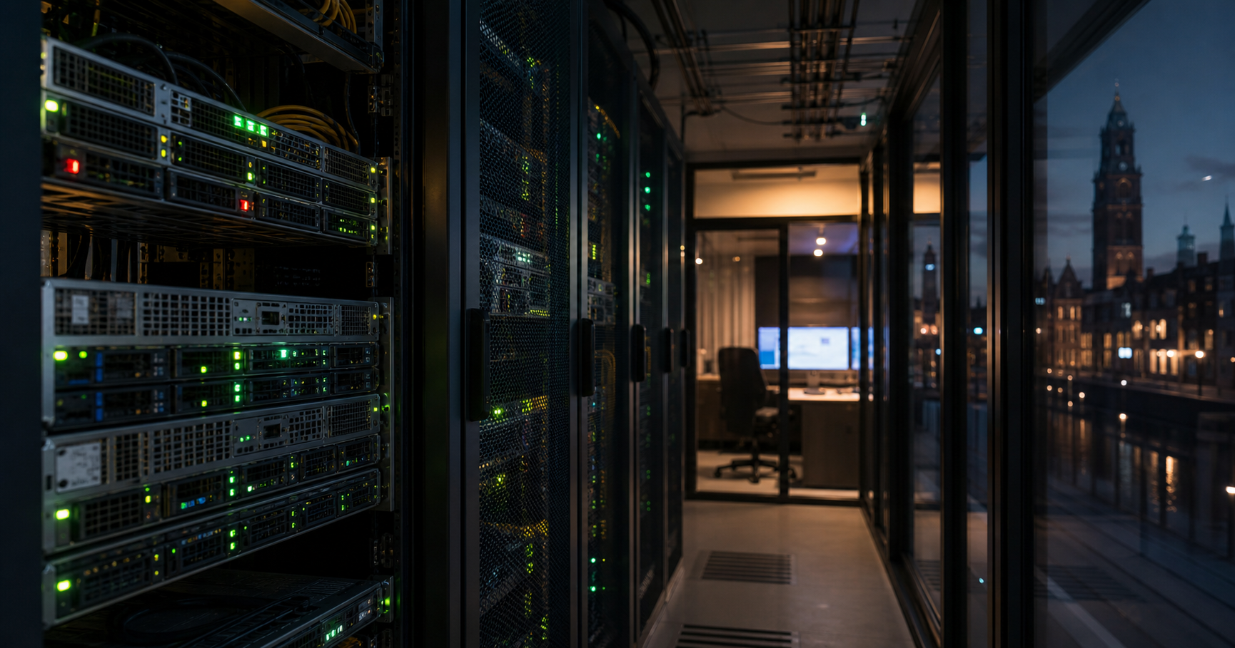 A dimly lit data center rack with blinking green and red lights, overlaid by a translucent municipal building labeled 'Belastingen'.