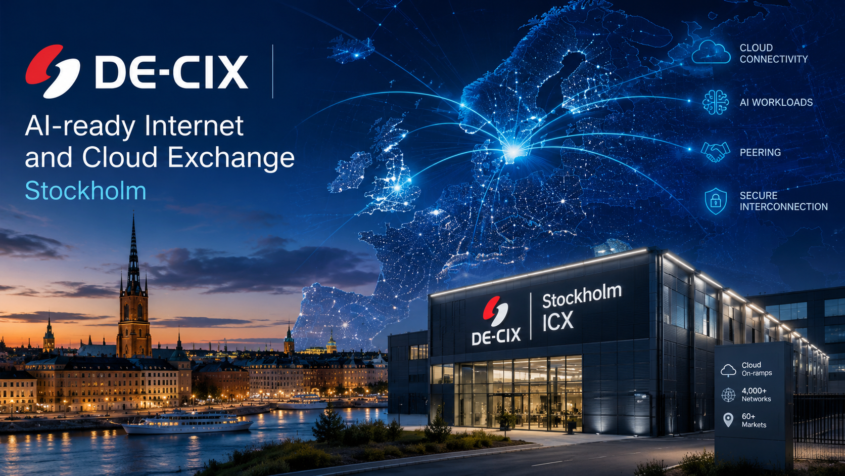 Editorial illustration showing DE-CIX's AI-ready Internet and Cloud Exchange in Stockholm, depicting Nordic digital connectivity, cloud interconnection and AI infrastructure across Northern Europe.