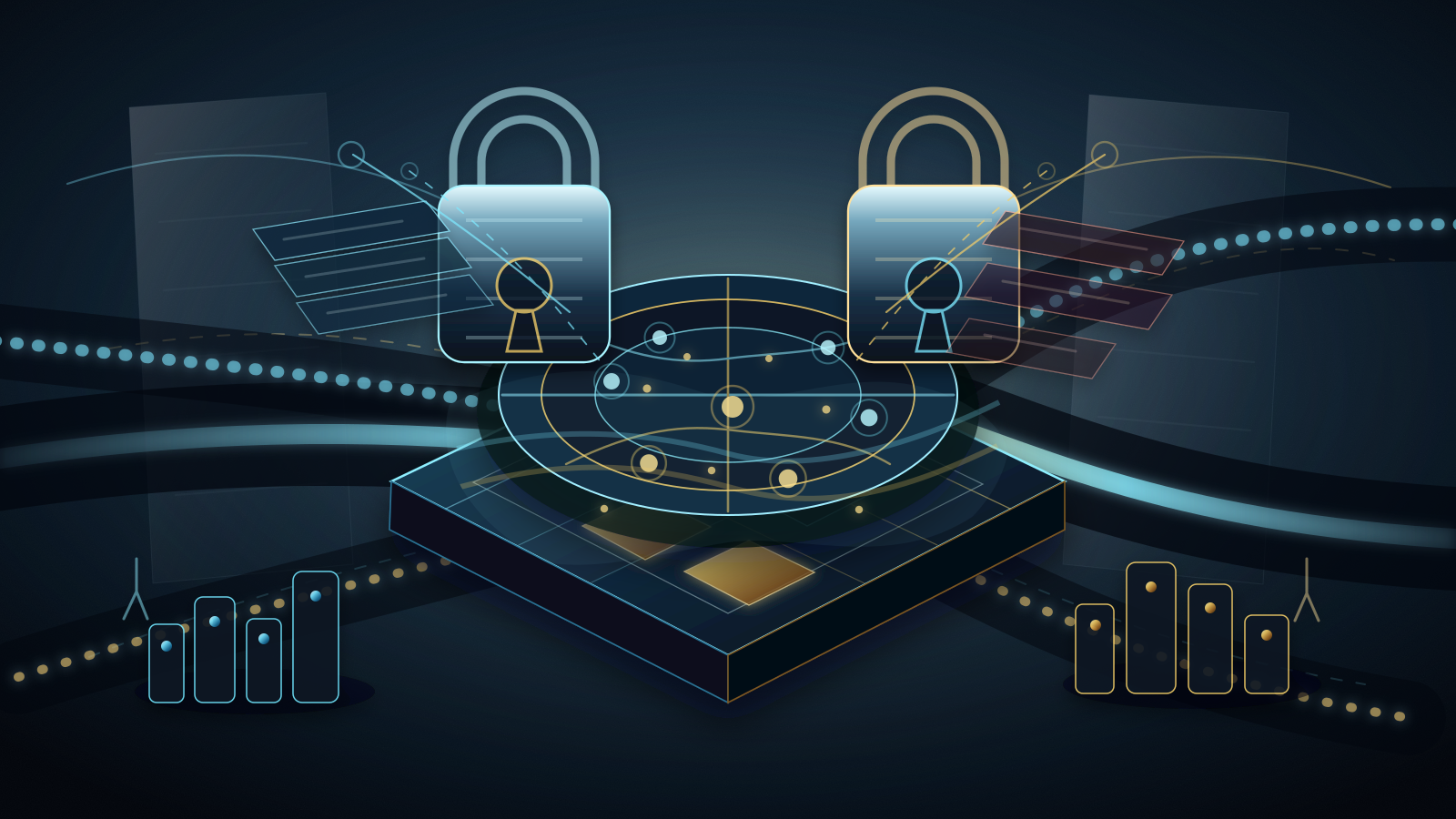 Abstract editorial illustration of RIPE NCC policy mailing-list economics, with signal streams entering a consensus chamber, unequal operator nodes, procedural locks, archive layers, scarce ledger blocks, and capital-allocation channels.