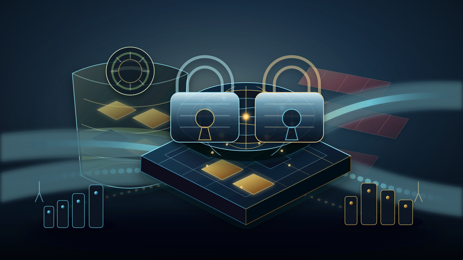 Abstract editorial illustration of RIPE NCC conservation rhetoric after IPv4 exhaustion, with a scarce address reservoir, conservation seal, rhetoric veil, registry ledger vault, allocation queue, transfer-market channels, operator dependency nodes, and gatekeeper shadow.