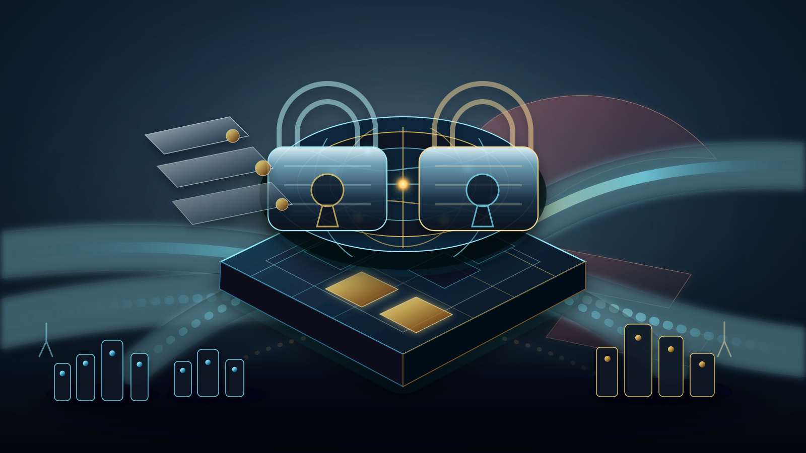 Abstract editorial illustration of RIPE NCC small operator dependency, with small ISP nodes below a large registry ledger vault, fragile cash-flow bridges, customer continuity arcs, scarce IPv4 blocks, documentation weights, transfer bottlenecks, continuity trust arcs, and gatekeeper shadow.
