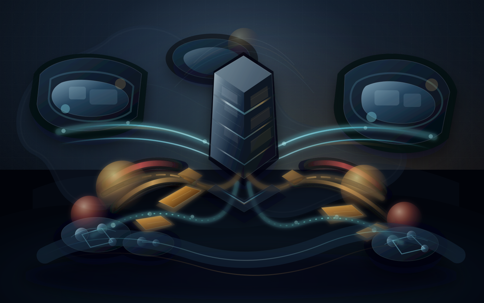 Dark premium editorial vector illustration of a central registry service ledger sending the same process arcs toward resilient large network blocks and fragile small island operator nodes, with amber fixed-cost burdens, bypass corridors, cyan continuity rails, and pressure spheres showing unequal economic shock.