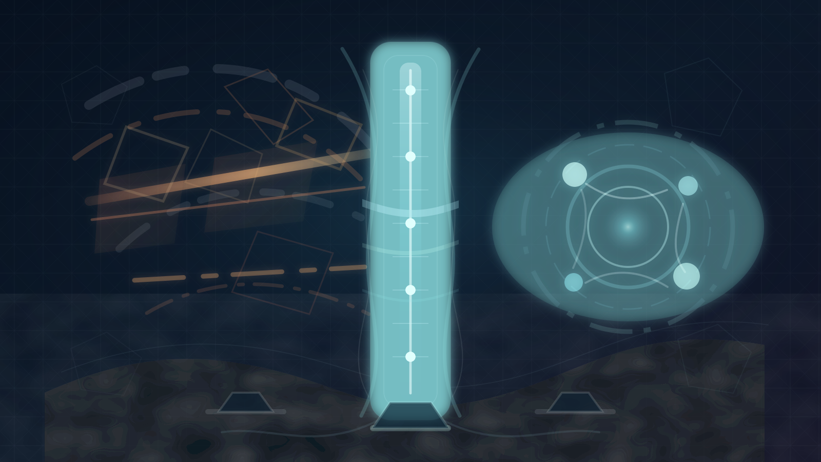 Abstract editorial illustration showing court and injunction pressure crossing a service-continuity firewall while a narrow registry ledger remains uninterrupted.