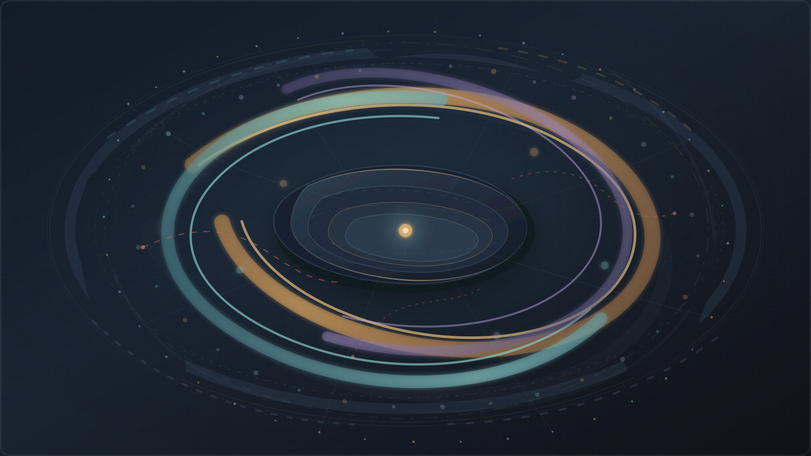 Abstract dark editorial illustration of a circular policy chamber where a few heavy orbital paths dominate a central registry ledger while many faint peripheral nodes and dissent traces show uneven participation.