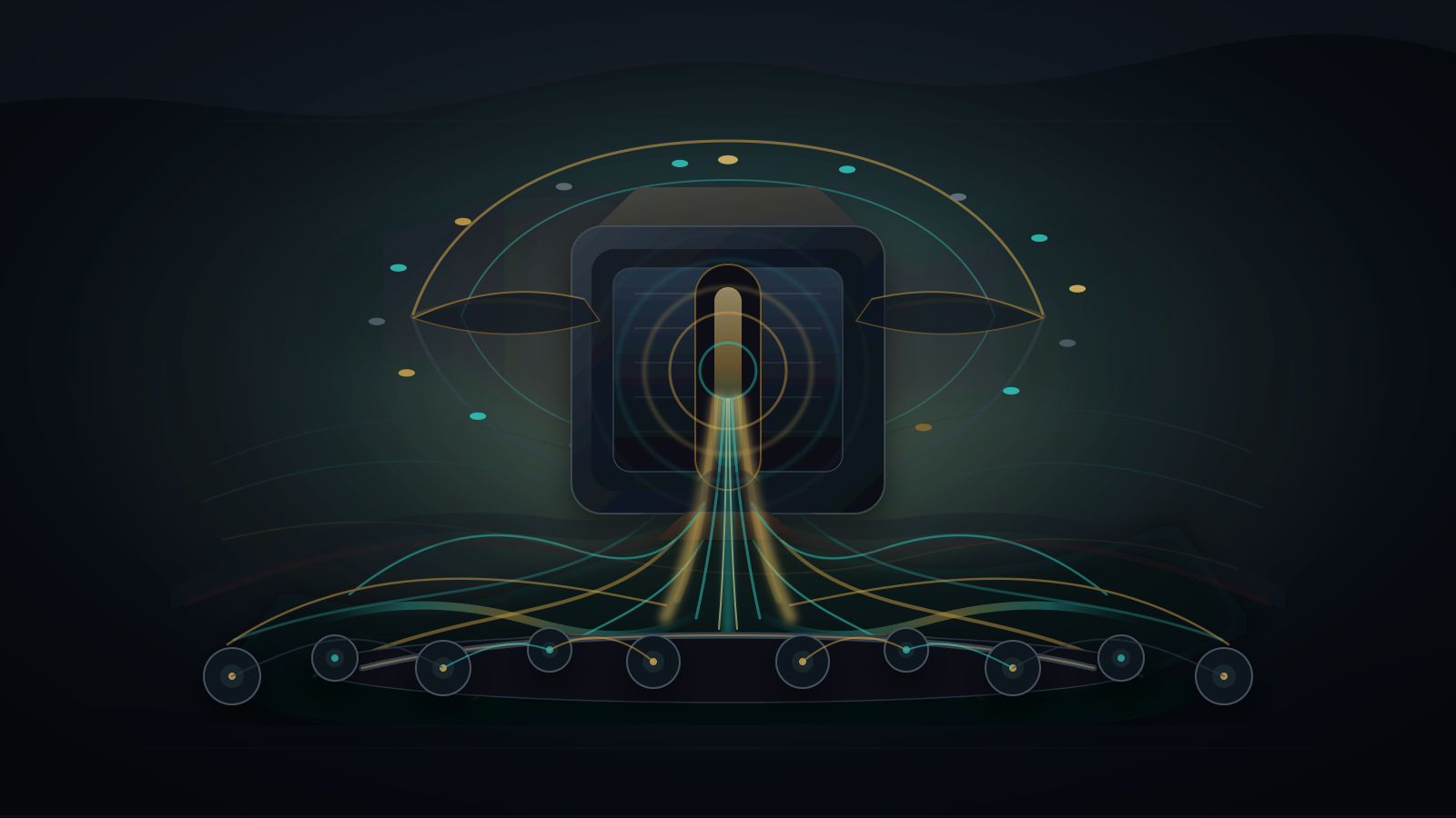 Abstract editorial vector scene showing a dark institutional registry vault connected to member nodes, encircled by a strained transparent governance ring with restrained gold and teal accountability rails.