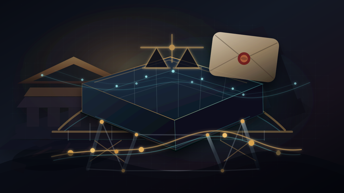 Editorial illustration of a registry ledger held up by temporary institutional supports, a court-like continuity bridge, a sealed operating mandate, scarce resource tokens, and a dark governance-failure shadow.