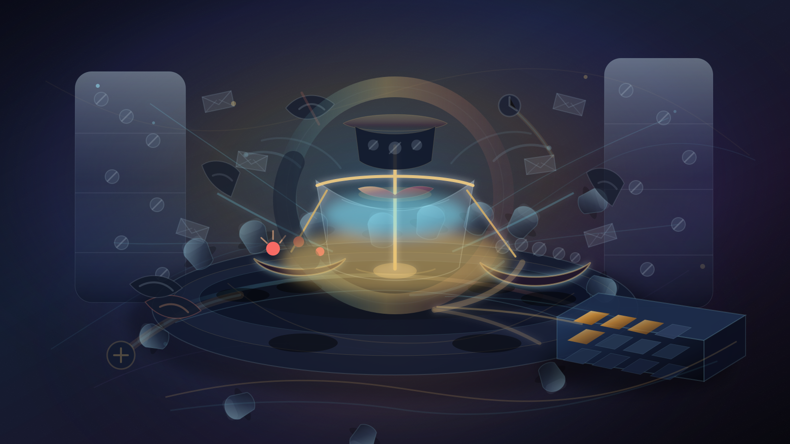 Premium abstract editorial illustration showing a formal governance table with many empty seats and muted signal nodes behind glass barriers, while a few visible objections and many silent circles are weighed into a scarce address ledger decision.