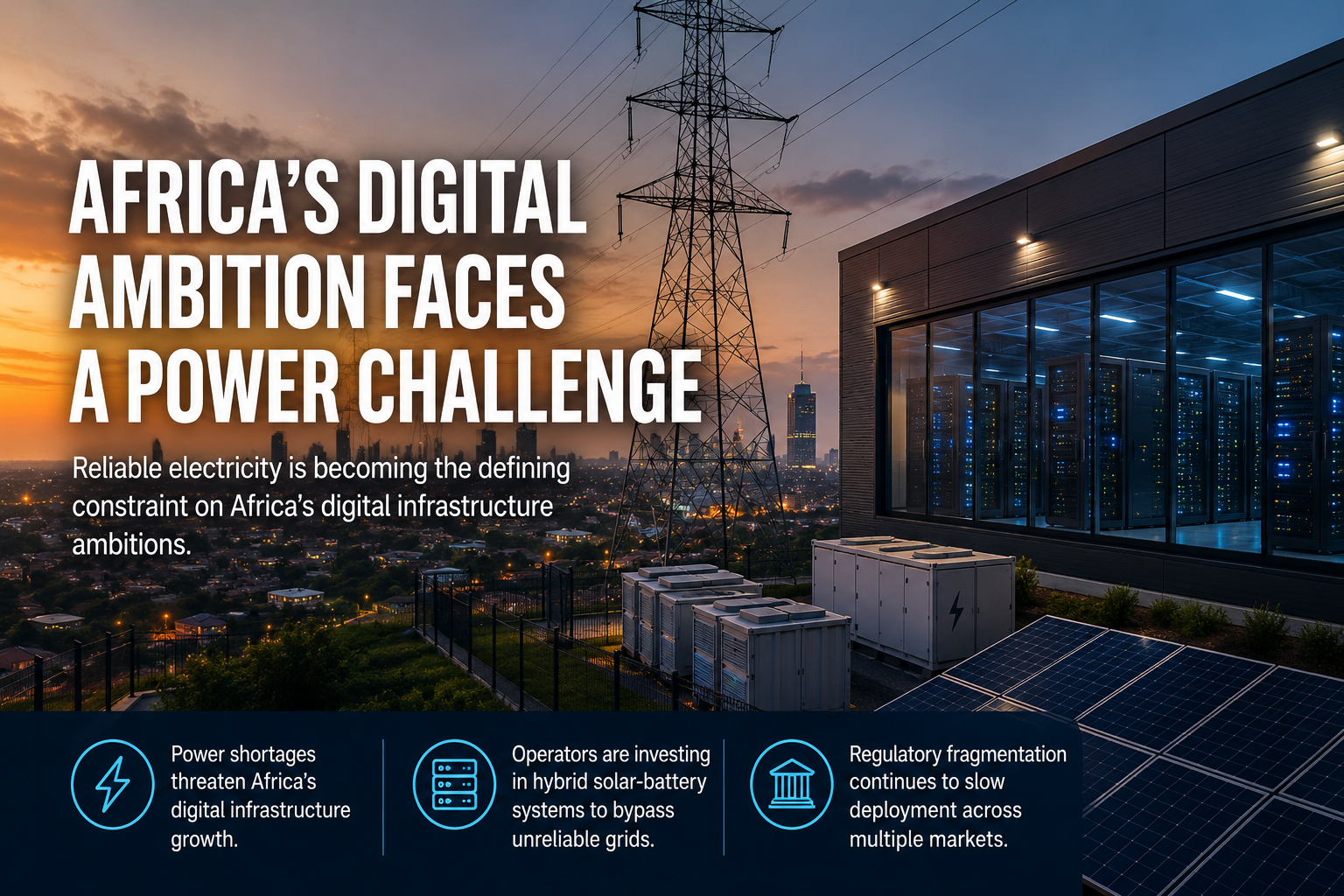 Modern African data centre beside high-voltage transmission lines and solar panels, illustrating how electricity infrastructure is becoming a key factor in digital infrastructure development.