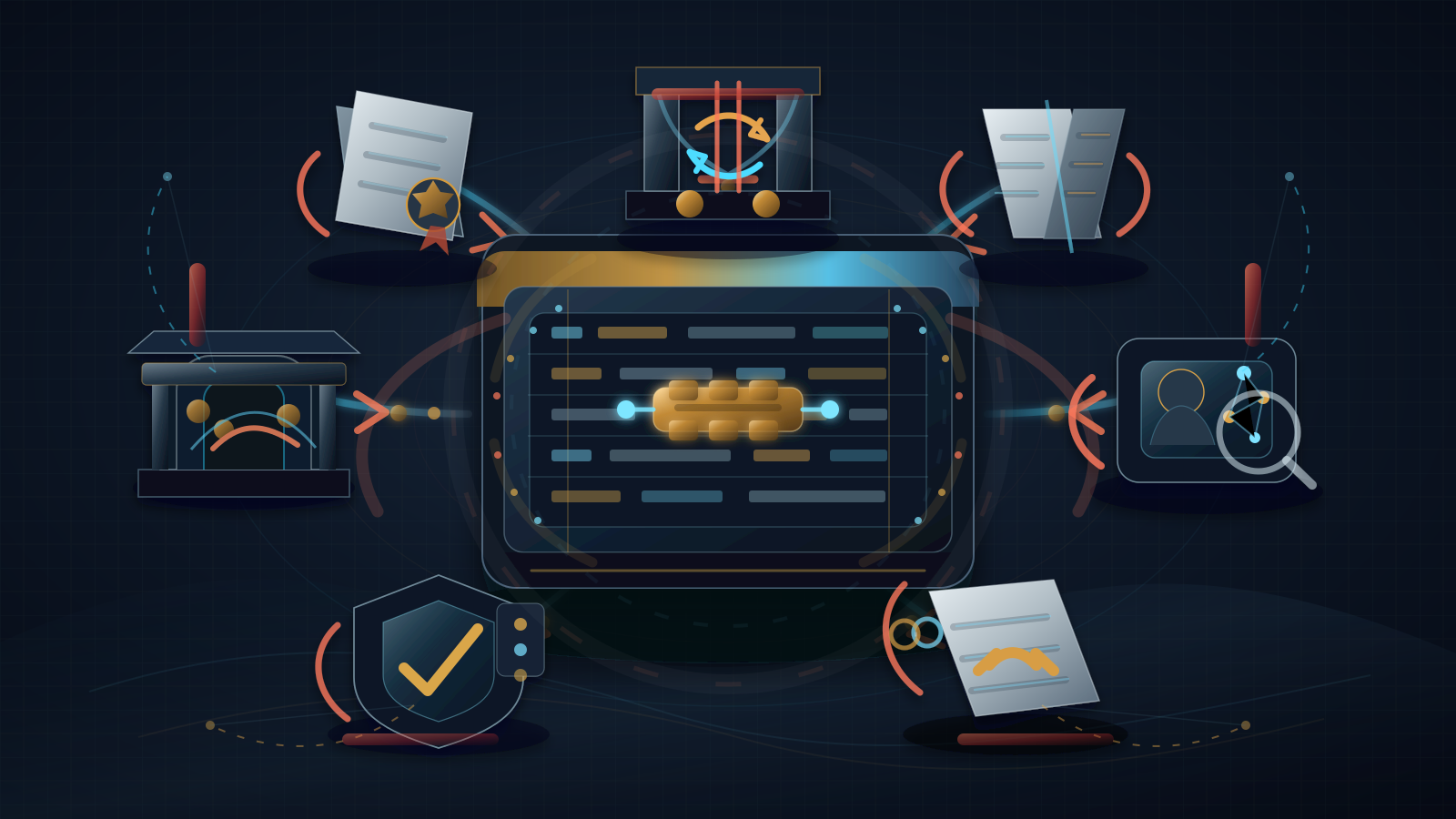 Dark editorial vector of a neutral registry ledger surrounded by document, payment, ownership, contract, and procurement tollgates that add friction around a single address record.