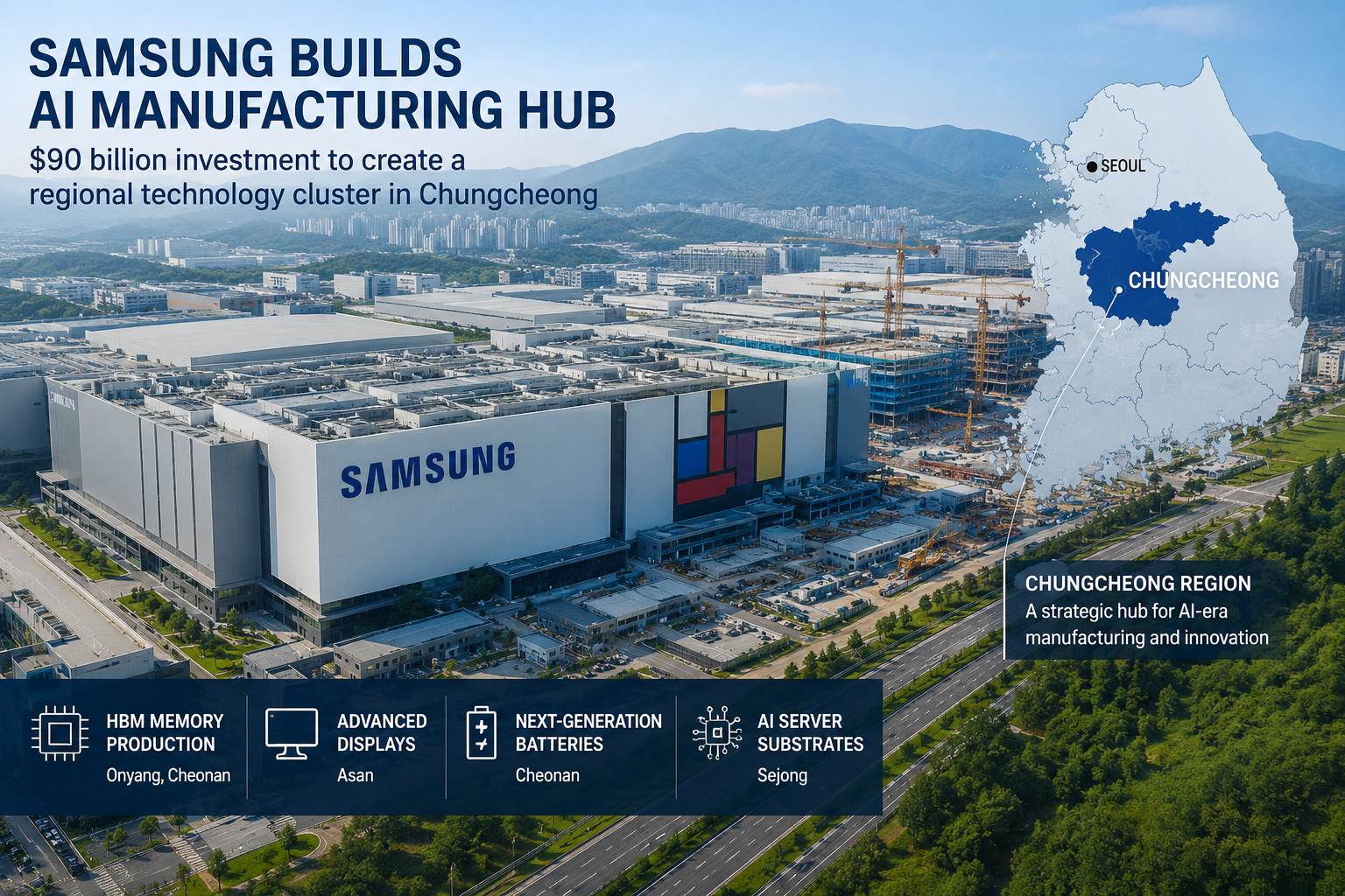 Illustration of Samsung's manufacturing campus in South Korea's Chungcheong region with semiconductor facilities, construction sites and a regional map highlighting the AI manufacturing investment.