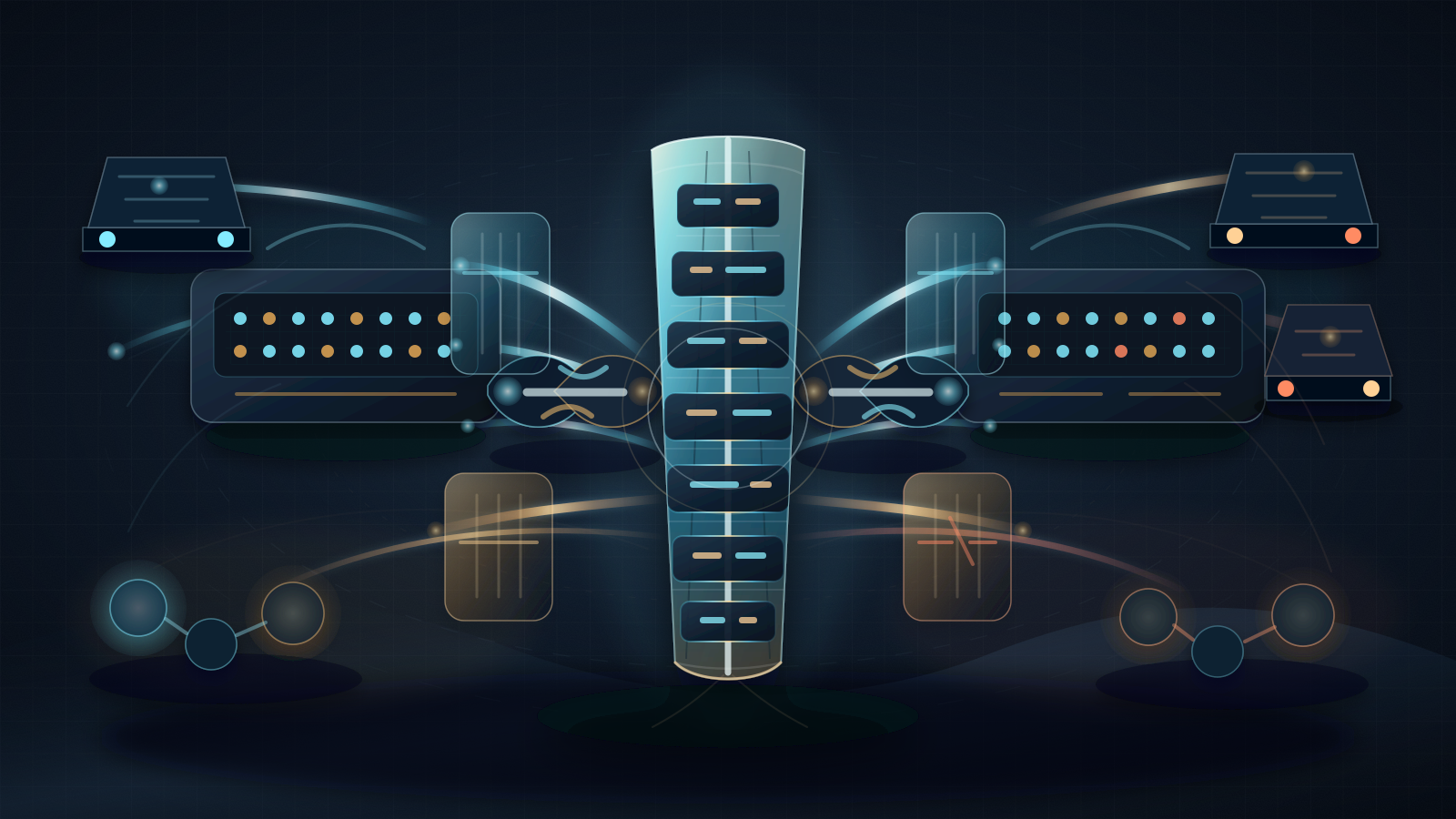 Dark editorial vector of a luminous registry address-record spine surrounded by exchange switches, peering handshakes, route-filter gates, upstream transit links, and customer access nodes.