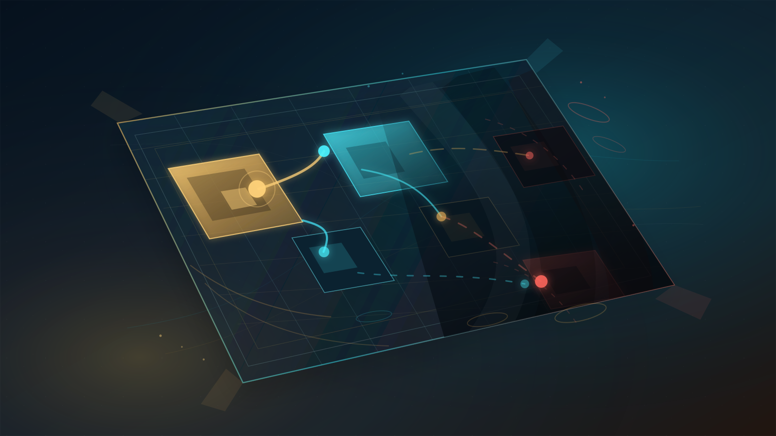 Abstract editorial illustration of a transparent registry ledger plane with nested downstream allocation cells, a dark privacy veil, visible and broken accountability paths, and signal accents showing how hidden suballocation layers make abuse and routing accountability costly.