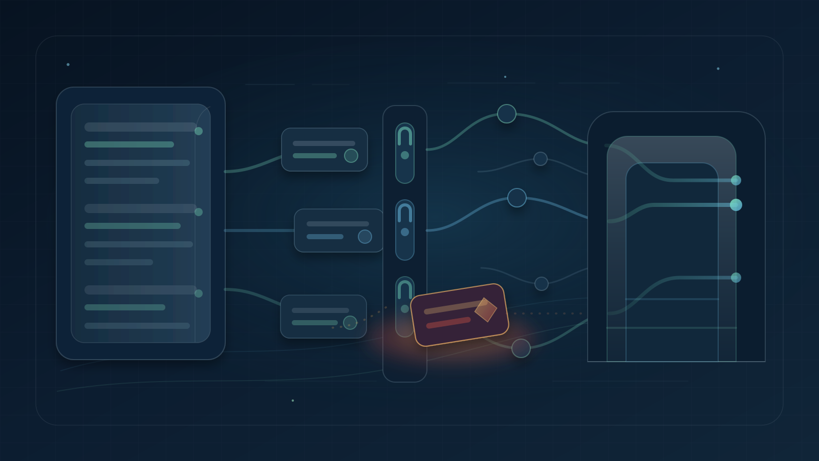 Abstract editorial scene of a registry ledger feeding route-entity cards through maintainer-lock gates, branching paths and filter arches, with one stale card casting an amber-red conflict shadow.