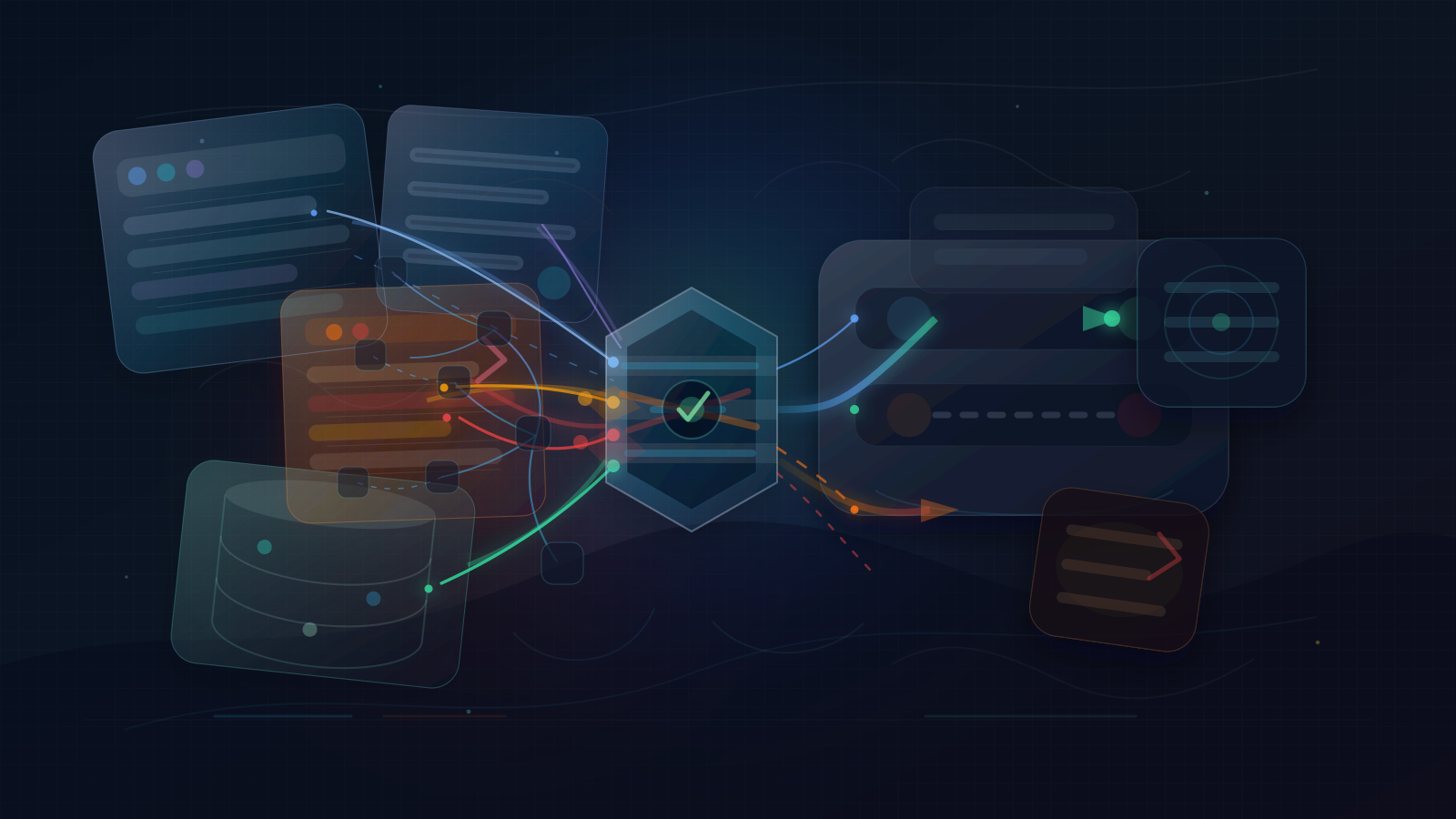 Dark editorial vector illustration of translucent registry ledgers feeding route-filter machinery, where conflicting amber and red paths meet a central decision gate while a clean blue-green path passes through.