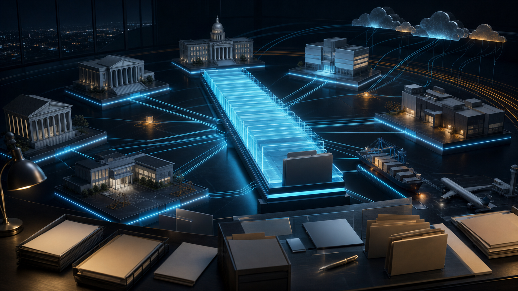 Dark government continuity room with blank civic-service blocks, a glowing cyan registry-ledger spine, cloud gateways, port and airport infrastructure, archive folders, and amber dependency-risk light.