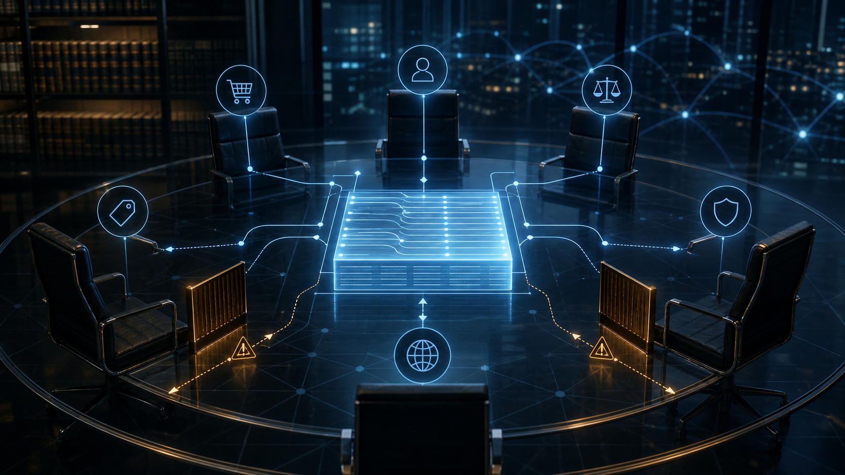 Dark institutional deal room with empty chairs around a glowing registry ledger, abstract buyer, seller, broker, counsel, escrow and network-risk icons, and cool blue due-diligence lines crossing amber risk gates.
