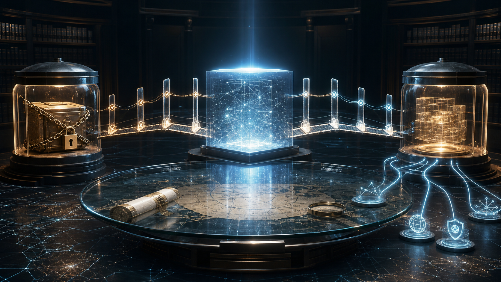 Dark institutional settlement chamber with locked funds on one side, released network-resource blocks on the other, a glowing central registry ledger, conditional checkpoint bridges, and post-closing cleanup nodes for routing, reverse DNS, reputation and compliance.