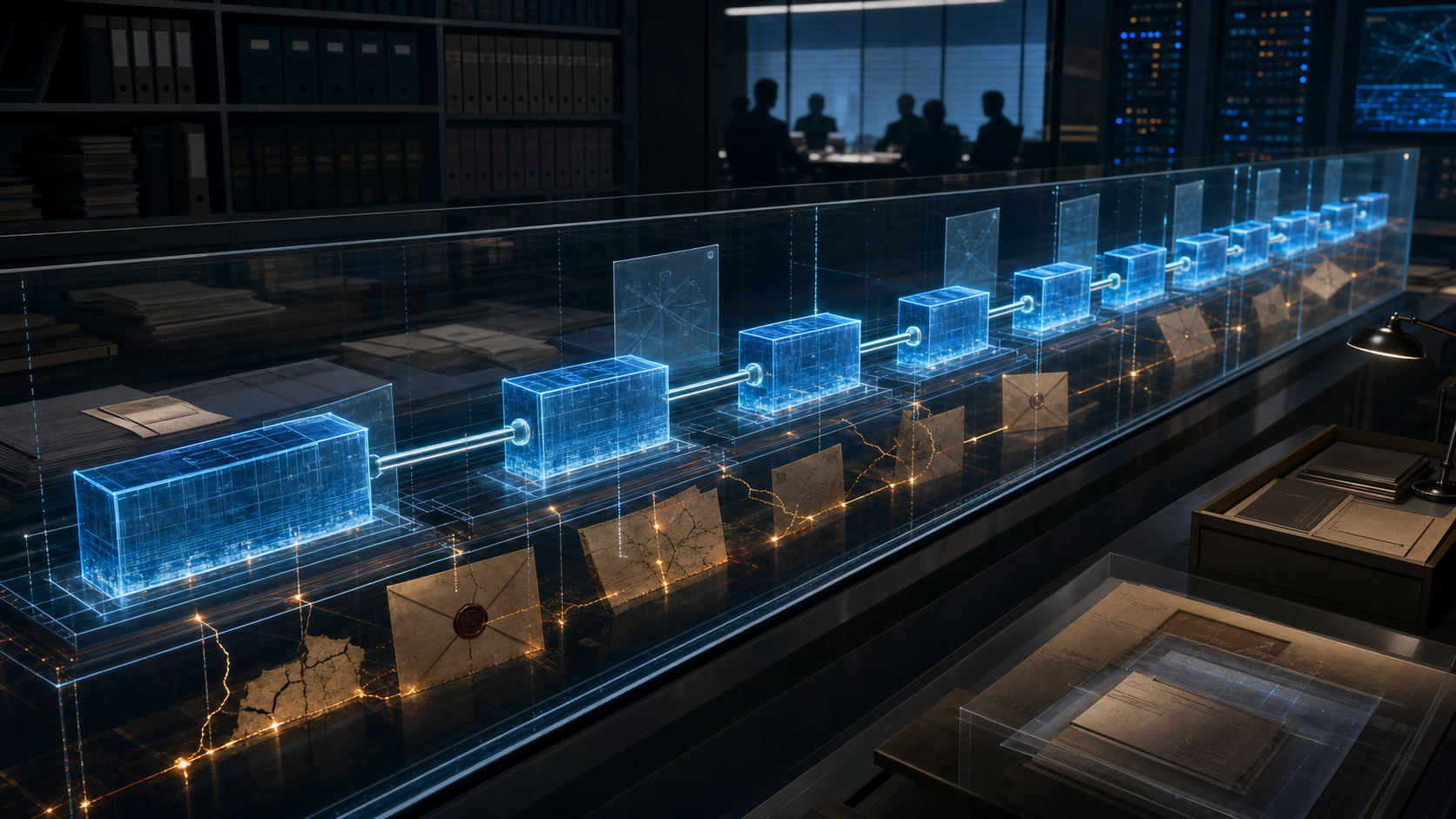 A luminous chain of IPv4 address blocks runs through a glass registry ledger while sealed defect files and amber fault lines sit beneath it.