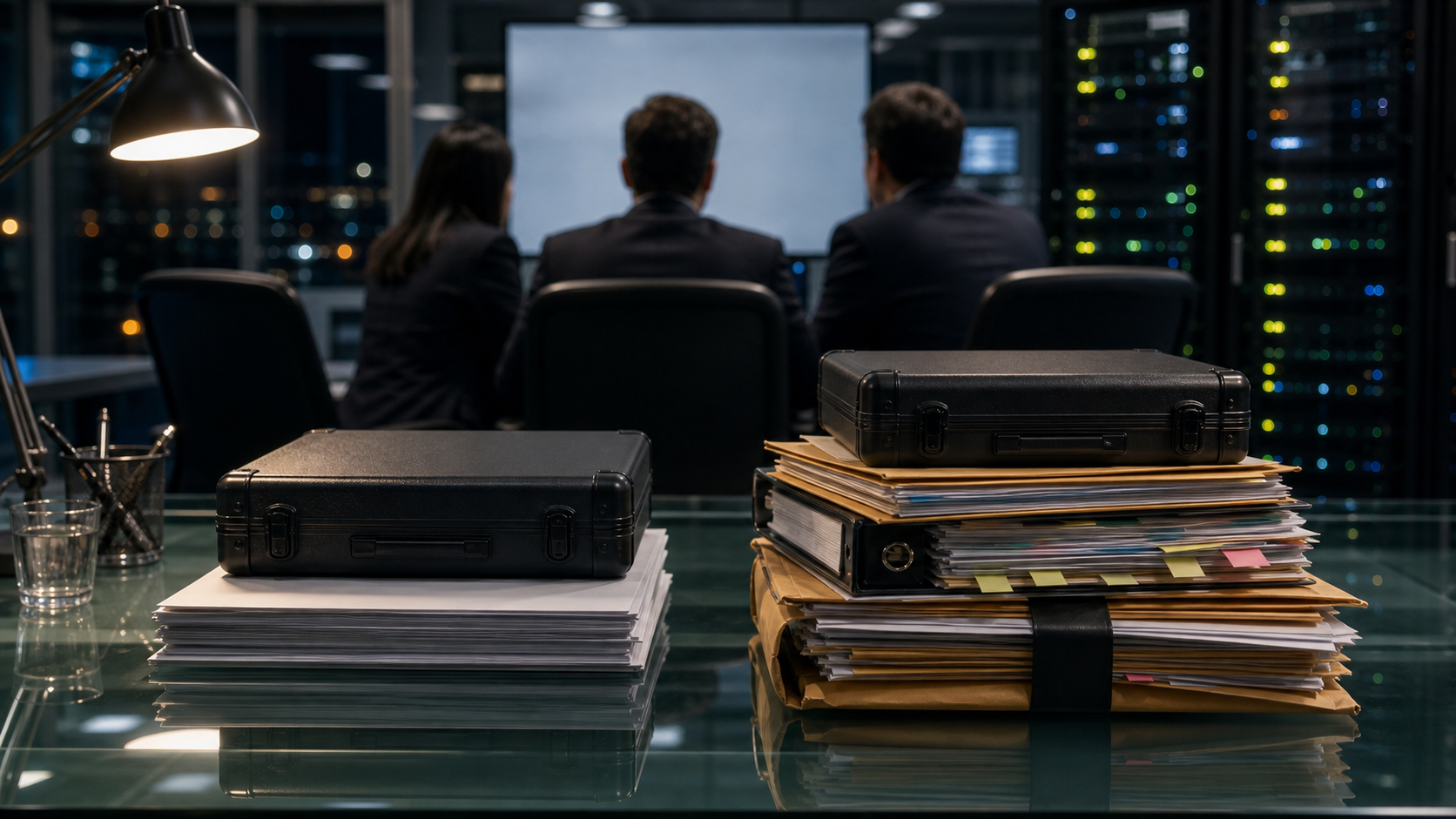 Two plain asset cases sit on a glass boardroom table, one on a neat stack of papers and the other on a much thicker pile of folders and due-diligence files.